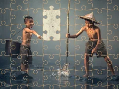 Spēle Children Fishing Teamwork Jigsaw online